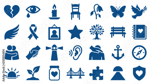 Collection of blue icons representing concepts like love, support, hope, community, and well-being on a white background
