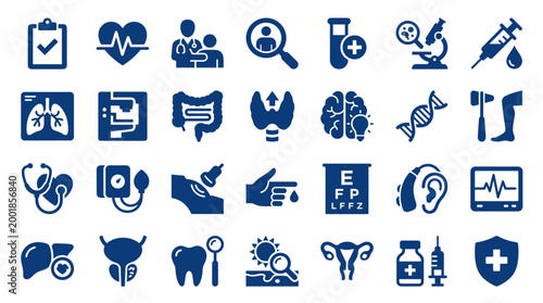 Collection of medical icons representing healthcare diagnostics and treatments a comprehensive visual set for medical and health services