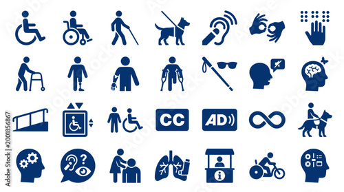 Collection of diverse accessibility and disability icons representing various needs and support services for inclusion and equal access