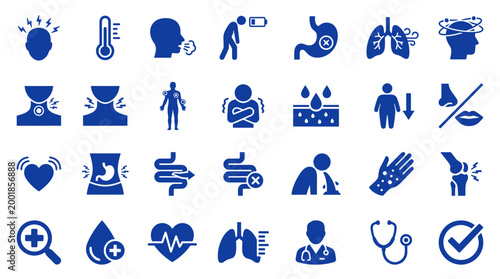 Collection of medical icons representing various health conditions symptoms and healthcare services in blue color palette