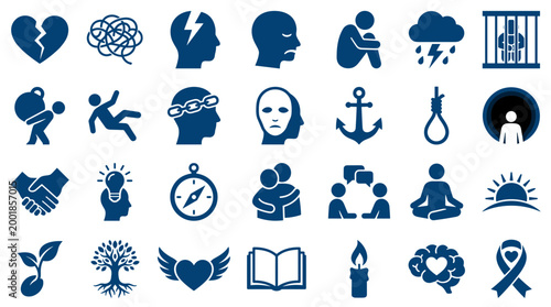 Collection of Mental Health and Well Being Icons Representing Emotions, Support, and Recovery