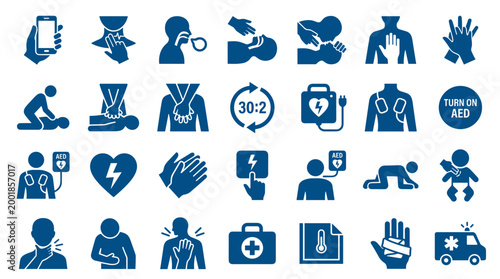 First aid and emergency response icons depicting CPR, AED use, and medical assistance for various health conditions