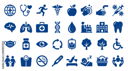 Collection of blue medical and healthcare icons representing health wellness and science concepts on a white background