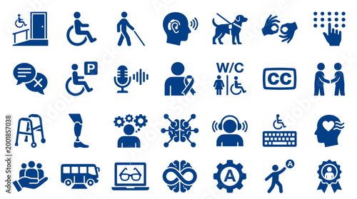 Collection of blue icons representing accessibility inclusion diversity and support for people with disabilities and special needs