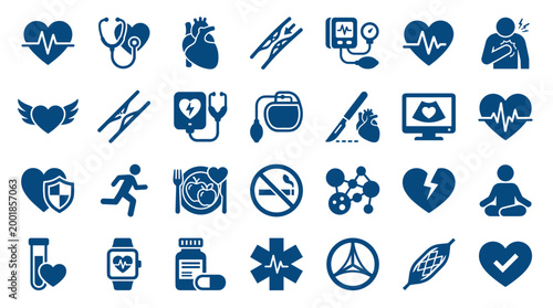 Collection of medical icons representing cardiology health care and wellness symbols for digital design and infographics