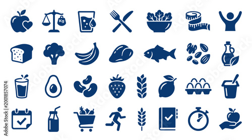 Healthy lifestyle icons set representing balanced diet nutrition fitness and wellbeing with food and exercise symbols on white background