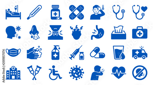 Collection of medical icons representing healthcare services, illness symptoms, treatments, and medical equipment for health and wellness concepts