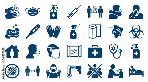 Collection of icons representing health safety measures and pandemic prevention including hygiene and social distancing protocols