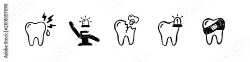 Hand-drawn dental emergency icon set featuring toothache, broken tooth, dental chair with siren, and bandaged tooth. Minimalist black and white doodle style for dentistry and oral health care.