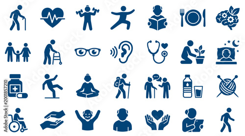 Healthy lifestyle icons for seniors and elderly people, representing wellness, care, and active aging with medical and social elements.