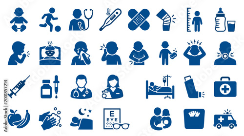 Collection of healthcare and medical icons representing health conditions treatments and medical professionals in a blue color scheme