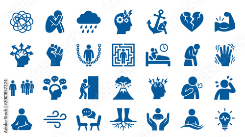 Collection of blue icons representing mental health struggles emotional distress and psychological challenges with symbols for anxiety depression and stress