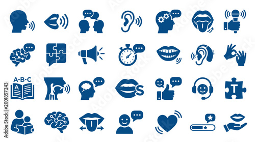 Collection of communication and language icons speech therapy learning and understanding concepts symbols for education and healthcare