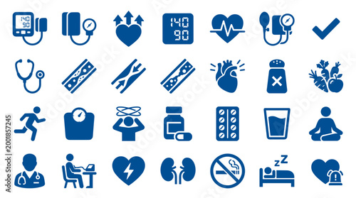 Collection of medical icons representing health care diagnostics, healthy lifestyle, and wellness concepts in blue color