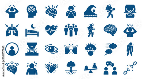 Collection of icons representing stress anxiety mental health issues and physical symptoms of illness and distress