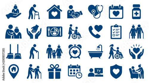 Collection of blue icons representing healthcare services, elderly care, and support for seniors and families, symbolizing assistance and well-being