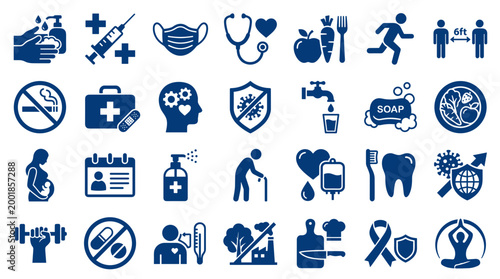 Collection of healthcare and wellness icons representing healthy lifestyle choices, medical care, and disease prevention for a balanced life