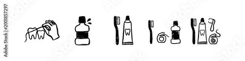 A set of hand-drawn dental care and oral hygiene icons including a toothbrush, toothpaste, dental floss, and mouthwash in a minimalist black and white doodle style.