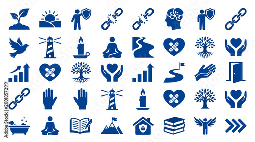 Collection of Blue Icons Representing Growth Success Business Health and Well being Concepts