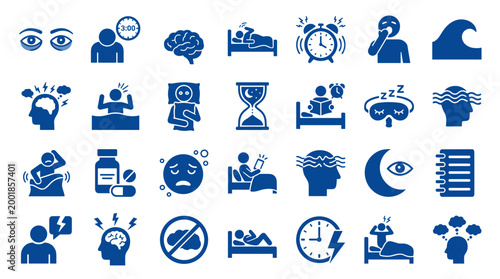 Collection of icons representing sleep disorders insomnia stress and mental health issues with symbols for eyes brain alarm clock hourglass and pills