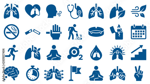 Healthy lungs and breathing concept icons set representing respiratory health fitness meditation and stop smoking symbols