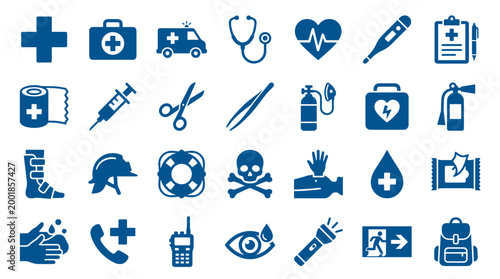 Collection of medical and safety icons representing healthcare emergency and first aid services with symbols for health and protection