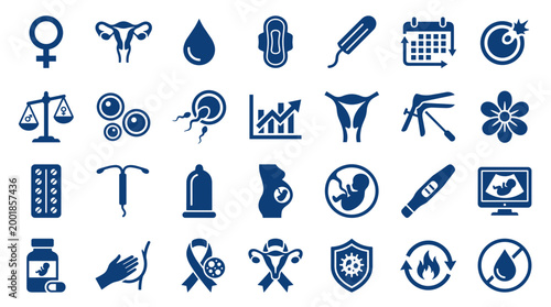 Collection of medical icons representing women's health reproductive system fertility pregnancy and contraception concepts