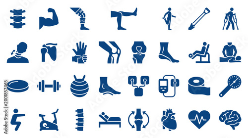 Collection of medical and fitness icons representing health care rehabilitation and physical therapy concepts