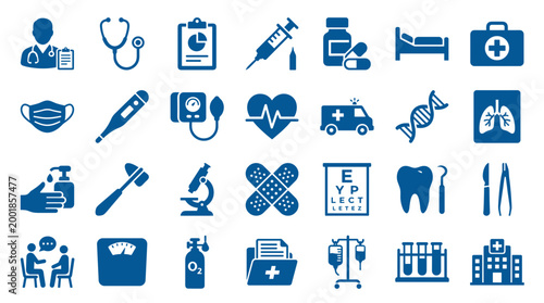Collection of medical healthcare icons representing various health services and equipment for professional use in healthcare and wellness industries