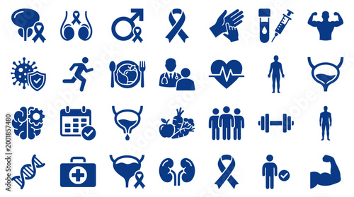 Collection of medical and health icons representing wellness, disease prevention, fitness, and research