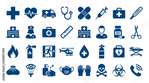 Collection of blue medical and healthcare icons representing emergency services, hospital care, safety, and health awareness on a white background