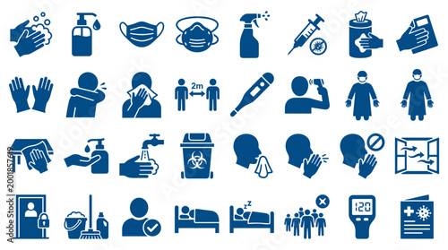 Collection of blue icons representing health safety measures and disease prevention including hand washing mask wearing social distancing and sanitization