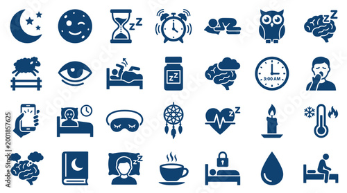 Collection of sleep and insomnia icons representing rest, dreams, and sleep disorders with a blue color palette on a white background