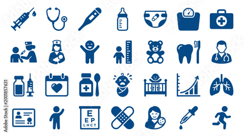 Collection of pediatric healthcare and child wellness icons representing medical care, growth, and development in a blue color scheme