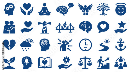 Collection of blue icons representing mental health well being personal growth emotional intelligence and positive psychology concepts