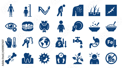 Health and Nutrition Icons Representing Body Systems Deficiencies Diseases and Growth Concepts