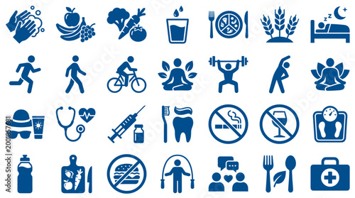 Collection of healthy lifestyle icons representing fitness nutrition wellness and medical care concepts in blue color