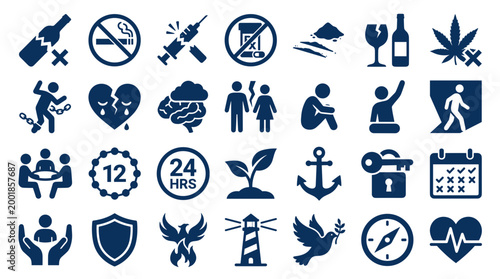 Collection of Icons Representing Addiction Recovery and Support Services