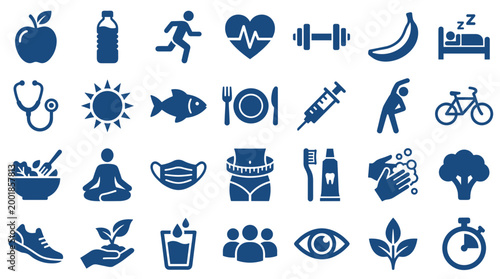 Healthy lifestyle icons collection representing fitness nutrition wellness and medical care concepts for health and wellbeing