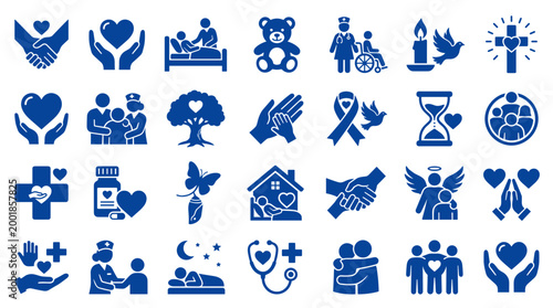 Collection of blue healthcare and medical icons representing care compassion support and well being with symbols of love family and community