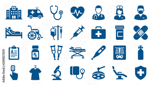 Collection of medical icons representing healthcare services, hospital equipment, and medical professionals in a clean blue design