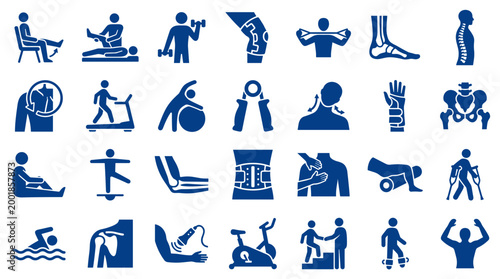 Collection of blue medical and physiotherapy icons representing rehabilitation exercises, sports injuries, and healthcare treatments on a white background