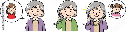 Cartoon Elderly Woman Talking on the Phone with Granddaughter, Emotional Connection and Family Communication Concept