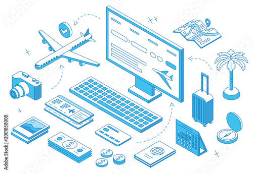 Online booking. Buying ticket in app with credit card. Travel documents, airplane, map and photo camera. Preparing for trip, vacations, nifty vector scene