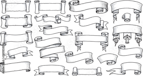 Collection of vintage hand drawn parchment scrolls and paper ribbons featuring detailed engraving for antique certificates wedding invitations and classical decorative banner design elements