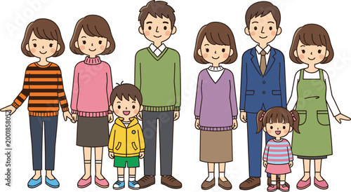Cartoon Family with Parents, Children, and Siblings in Various Outfits, Family Bonding and Togetherness Concept Illustration