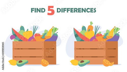Find differences play. Vegetables and fruits in wooden box. Seasonal harvest, agriculture food market elements. Fresh farm products, funny simple game vector template