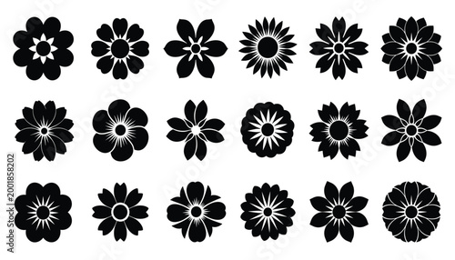 Collection of diverse black silhouette flower icons isolated on white background vector graphic
