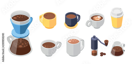 Isometric coffee cups. Take away americano, mugs with cappuccino, espresso, macchiato and filter. Isolated grinder and pot, morning hot drink, vector set