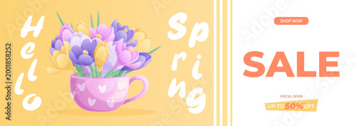 Template for a horizontal floral promo banner. A bouquet of delicate crocuses in a cup. "Hello, spring." Seasonal discounts, sale. Vector illustration for posters, banners, advertisements, flyers